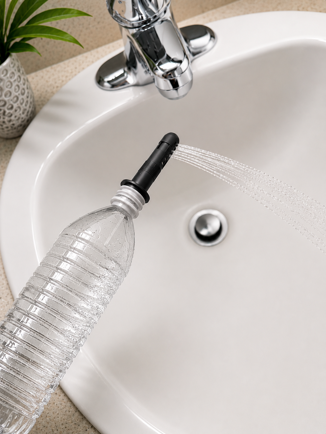 Tahara attached to a water bottle over a sink